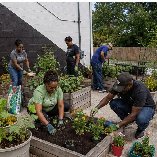 Tending the community garden outside