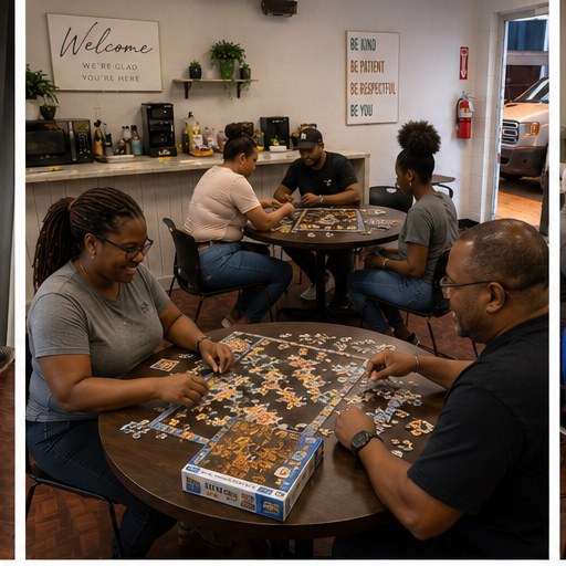 Working on a puzzle around the table
